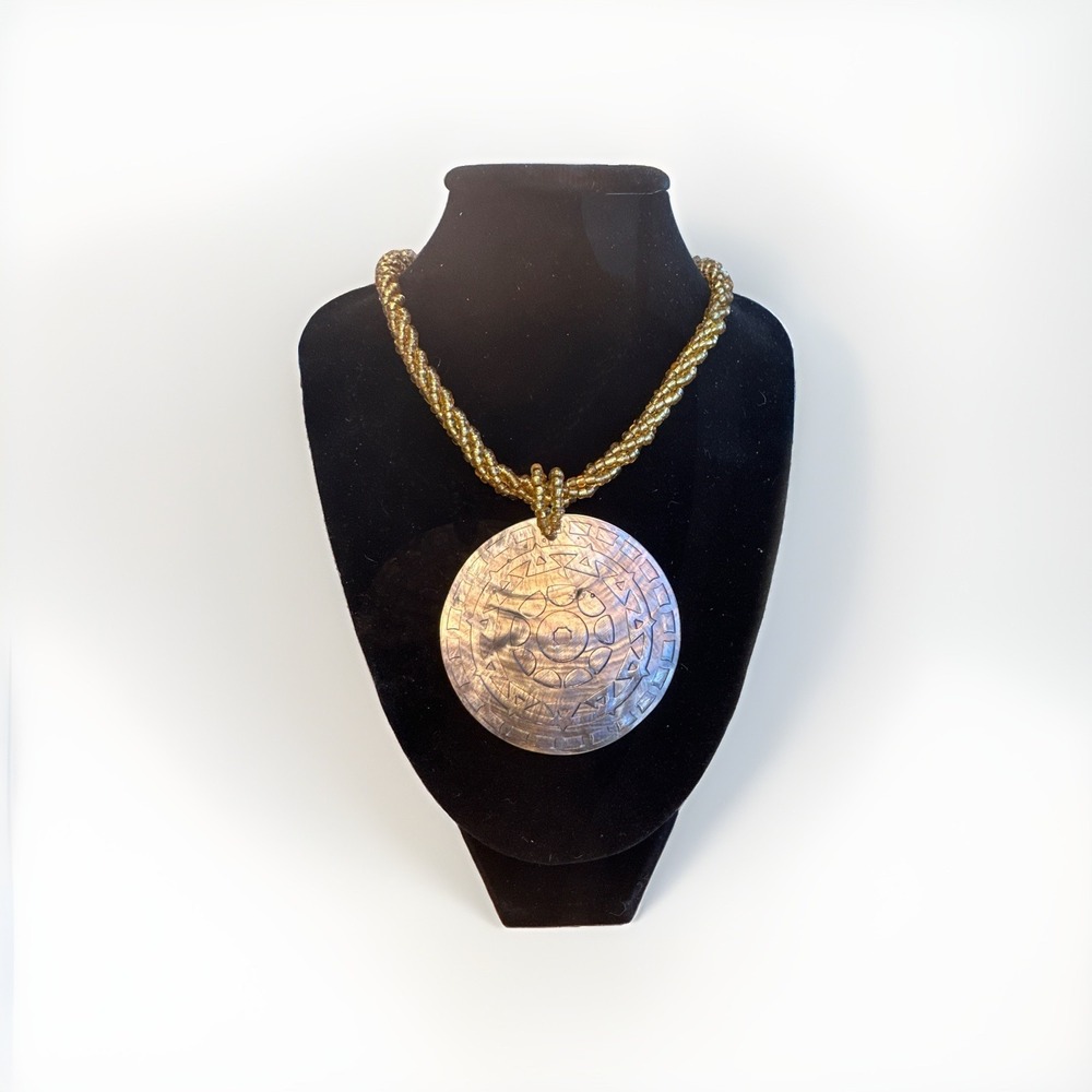 Vintage Aztec Sun Calendar Pendant Necklace Mother Of Pearl Shell Gold Bead Rope